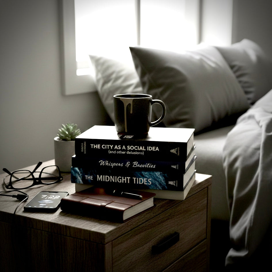 stack of books on a nightstand including poetry, thriller and a handmade creative journal from Curious Owl Books.