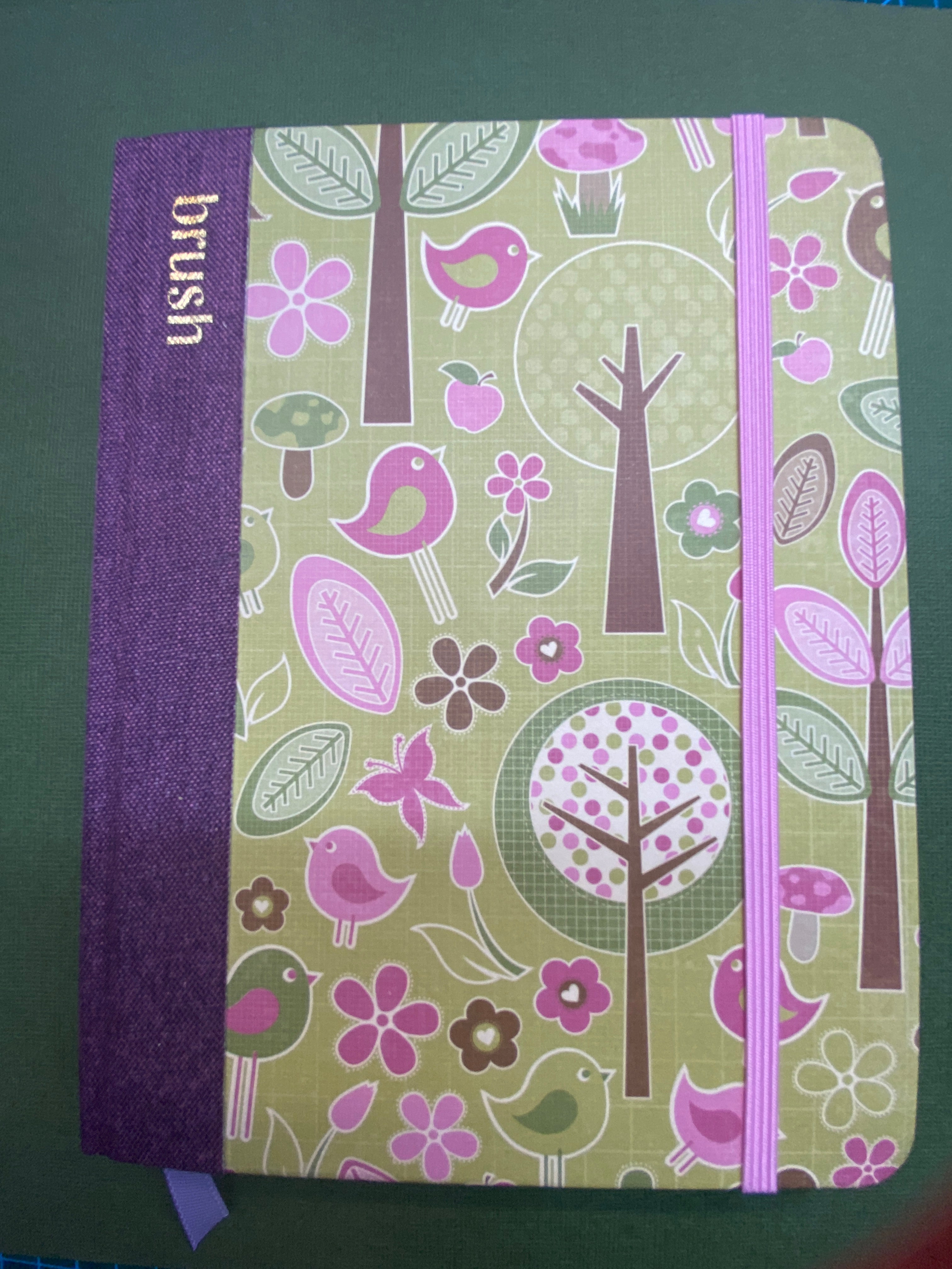 Handmade creative journal- green cover with pink birds- curious owl books Toowoomba. Brush water Colour journal